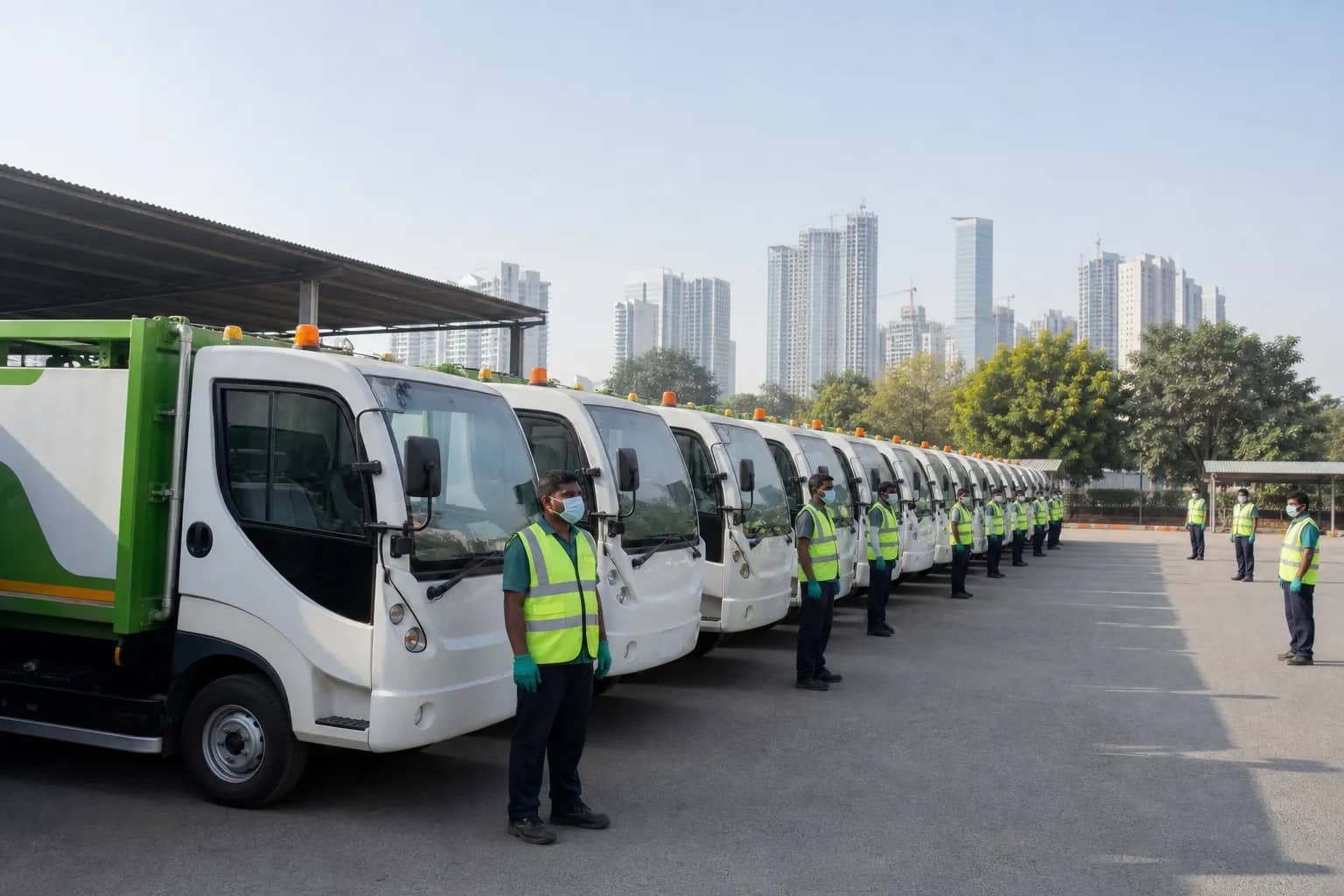 Door-to-door waste collection vehicles lined up at a Gurugram civic yard