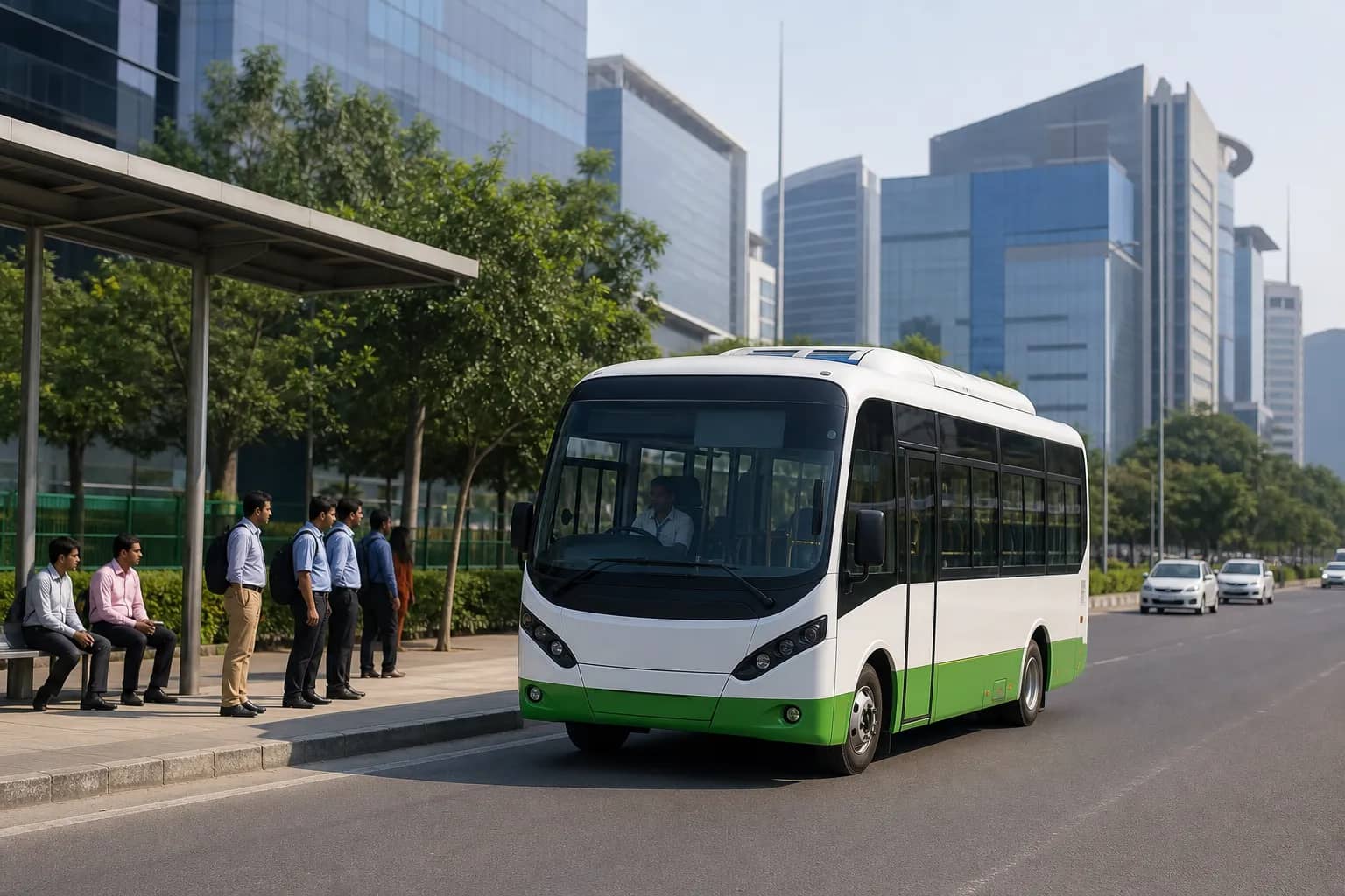Modern electric city bus undergoing route trials on a Gurugram road