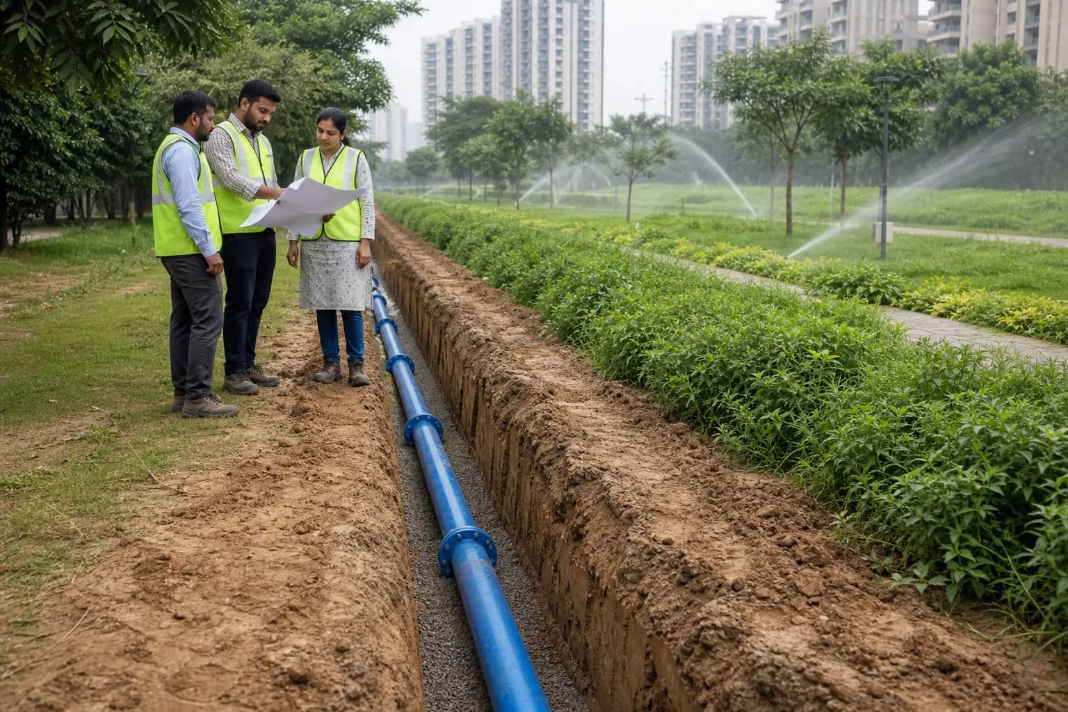 Workers inspecting a recycled-water pipeline beside a Gurugram green belt