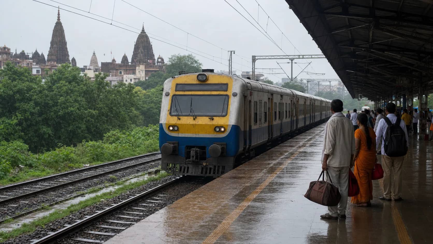 A passenger train approaching a platform at Banaras railway station during the monsoon