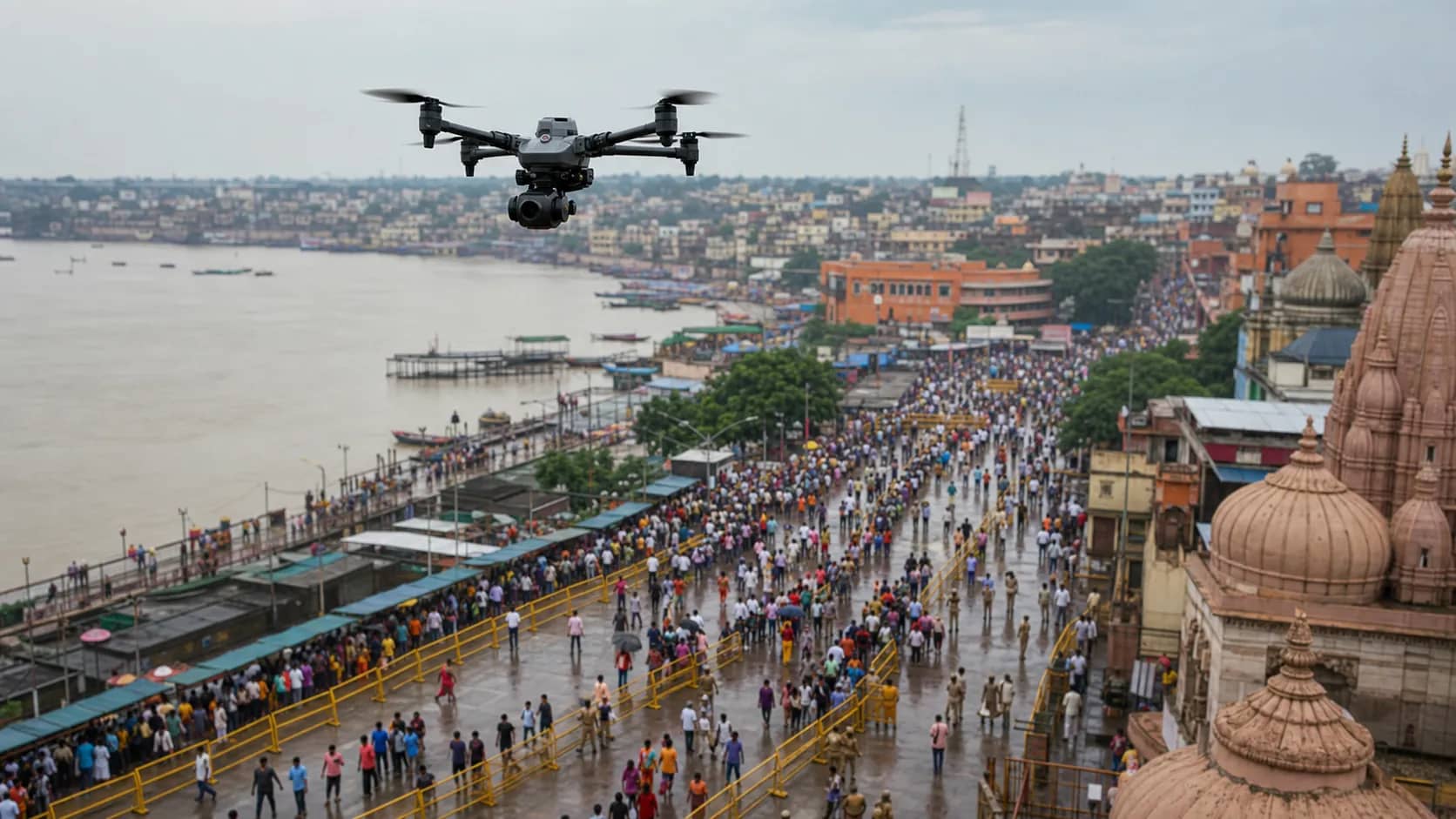 A surveillance drone flying above a crowded Varanasi riverfront route in monsoon light