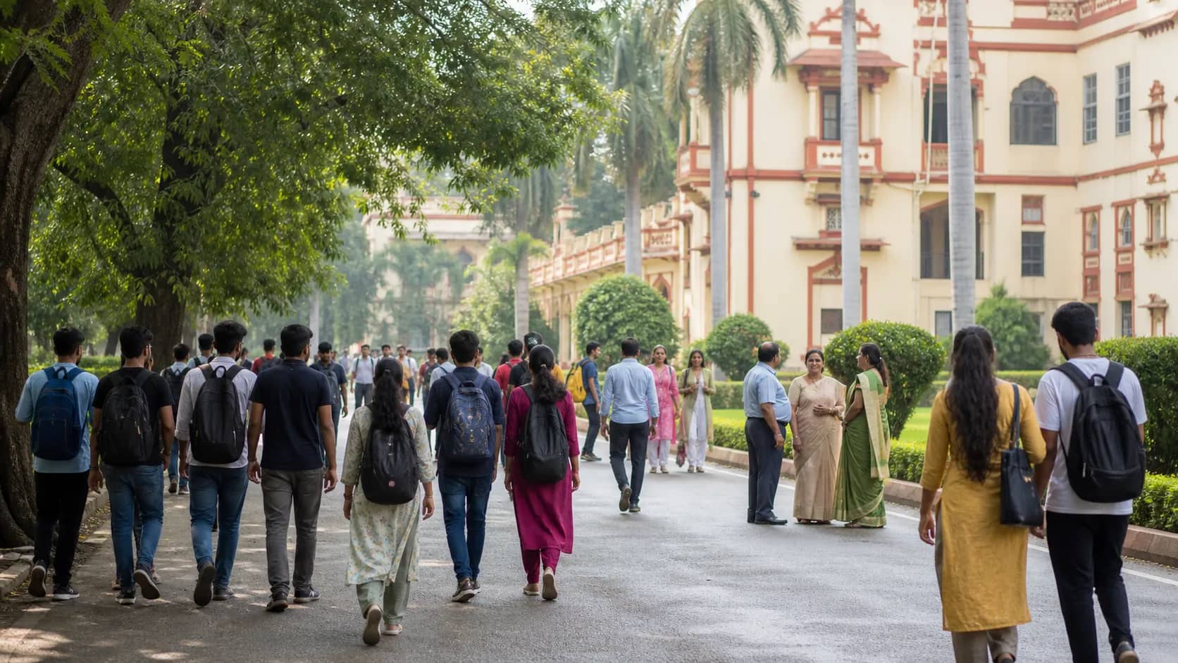 Students walking through the Banaras Hindu University campus near an academic building