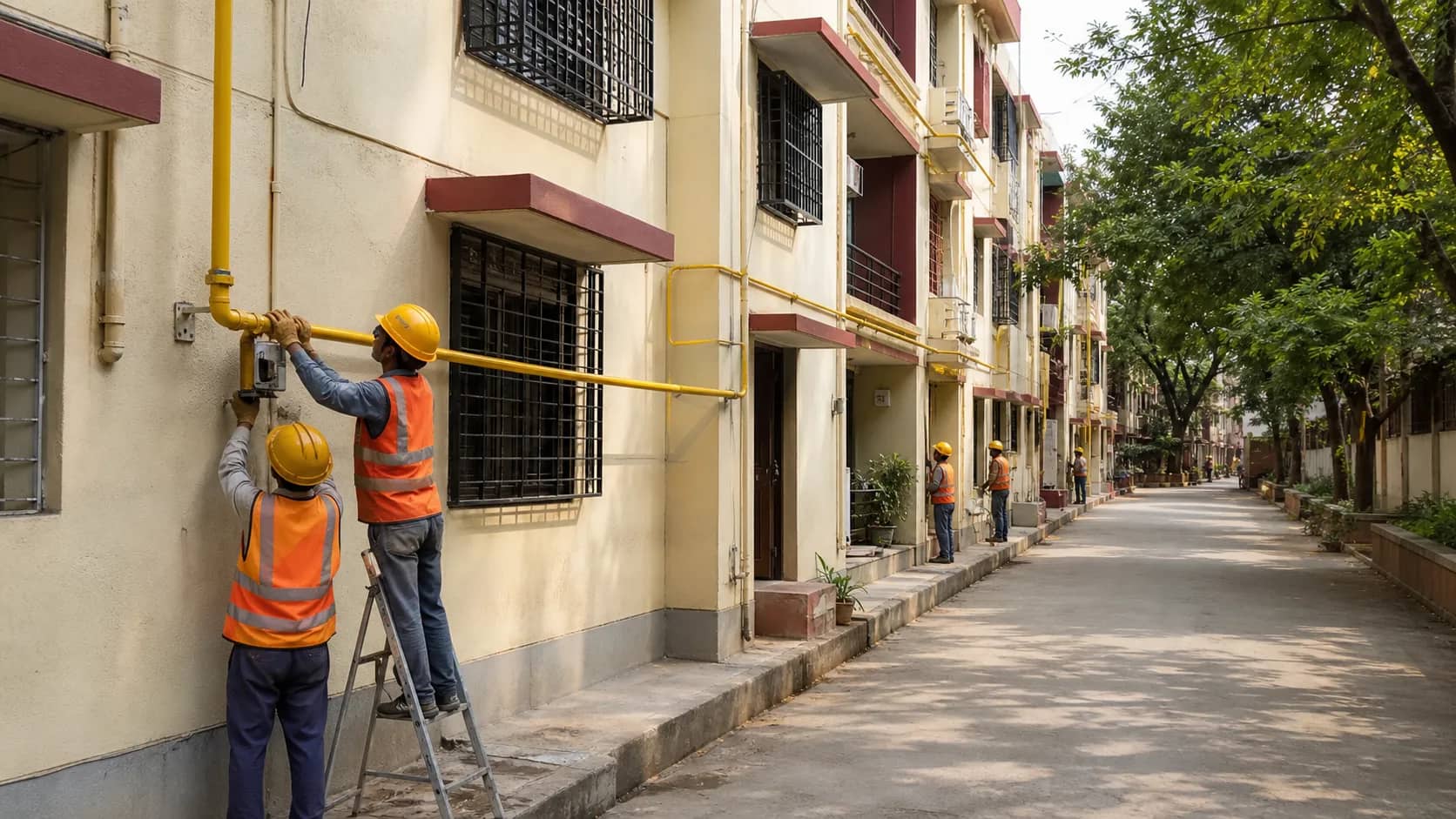Residential railway colony buildings with a natural gas pipeline installation in progress