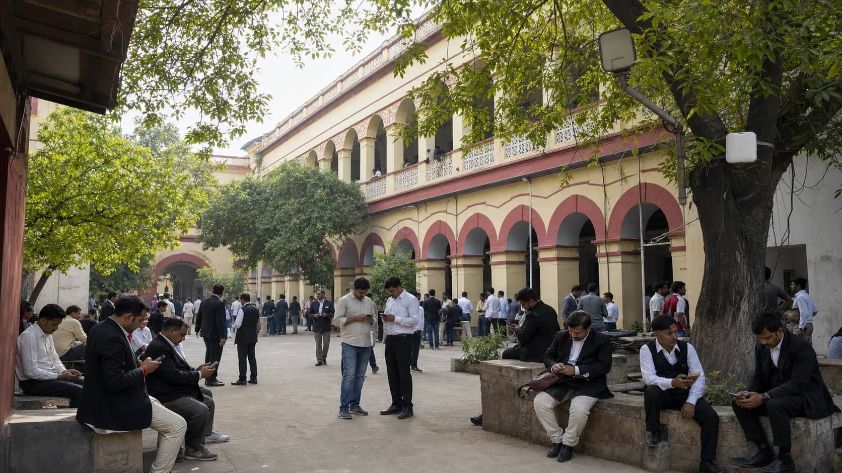 Visitors using smartphones in the open courtyard of a busy Indian court complex