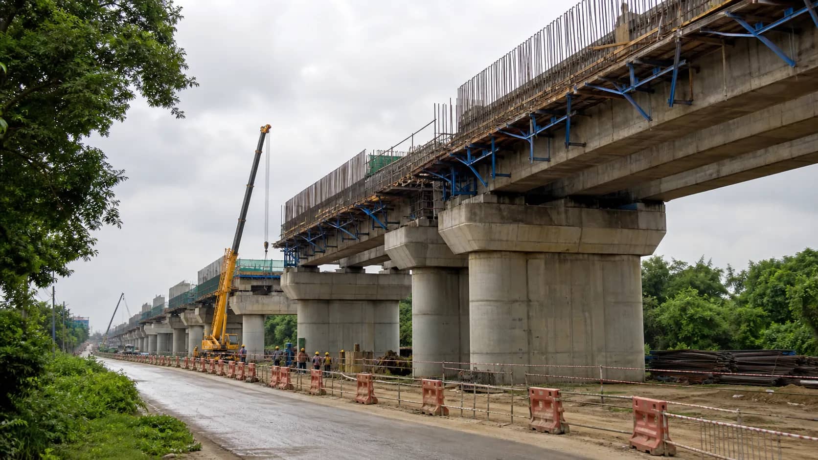 Concrete pillars under construction for an elevated road near Sarnath in Varanasi