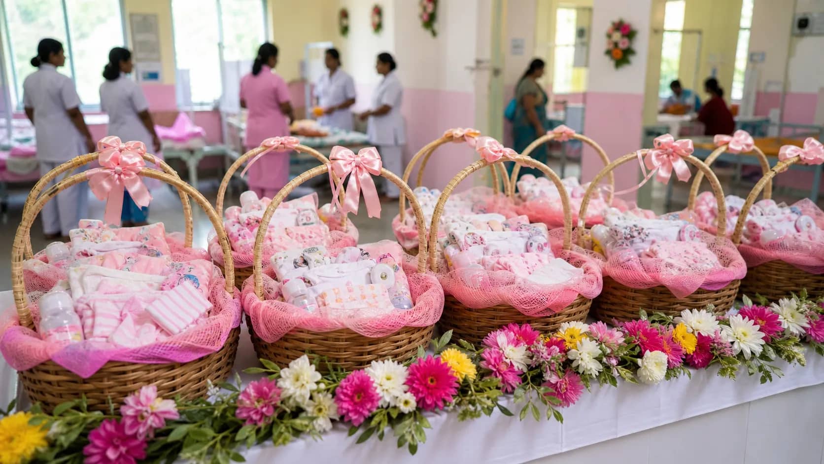 A hospital maternity ward decorated with flowers and gift baskets for newborn babies