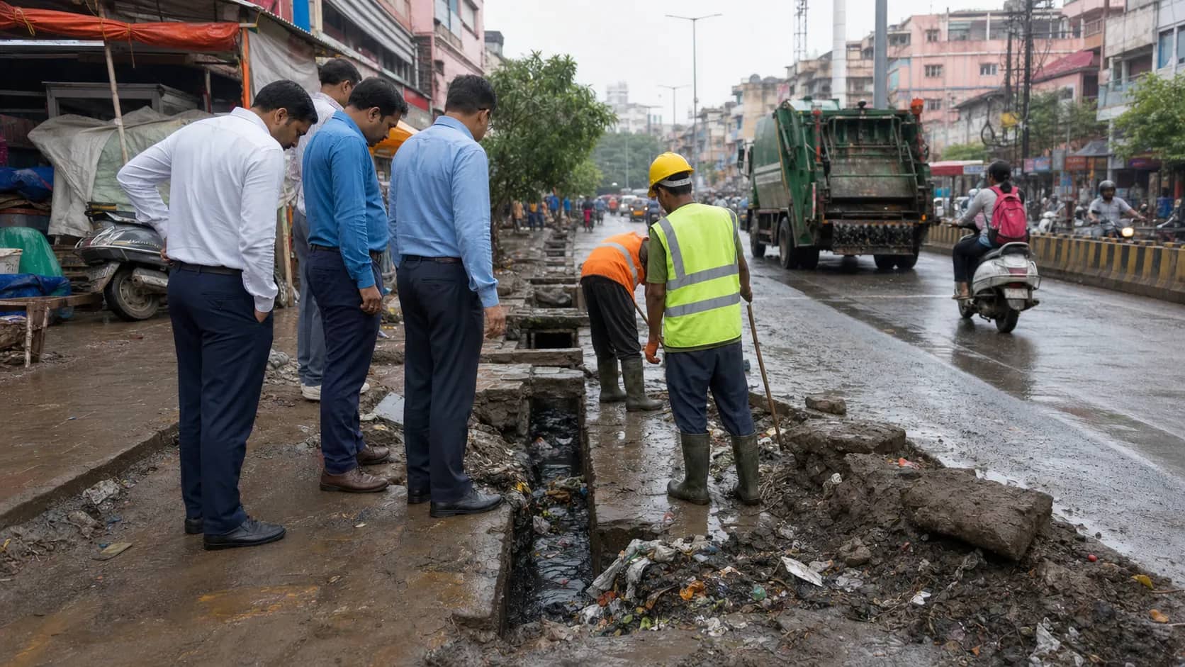 Municipal sanitation workers inspecting a drain beside a market street in Ramnagar