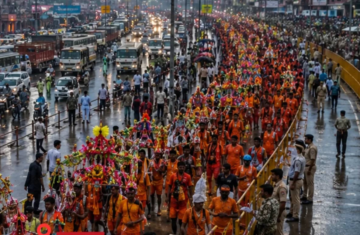 Varanasi Police traffic personnel managing vehicle diversions along the Ring Road during Sawan Kanwar Yatra