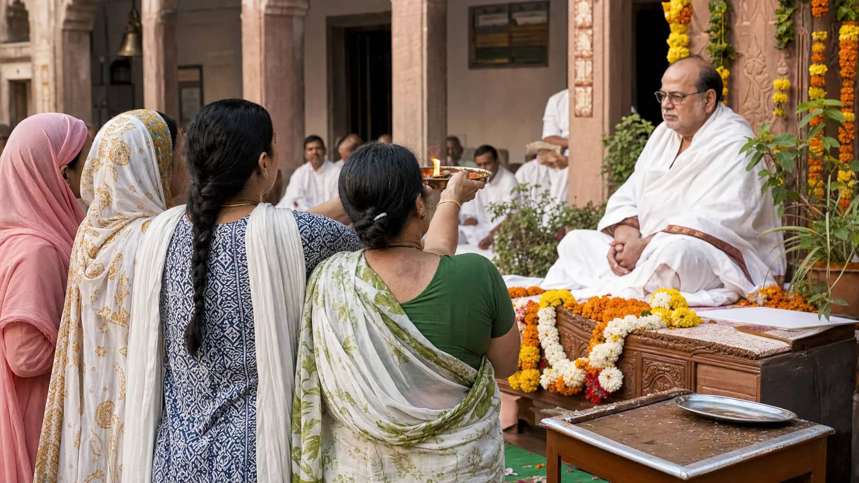 Devotees taking part in a peaceful Guru Purnima ceremony at a traditional Varanasi mutt