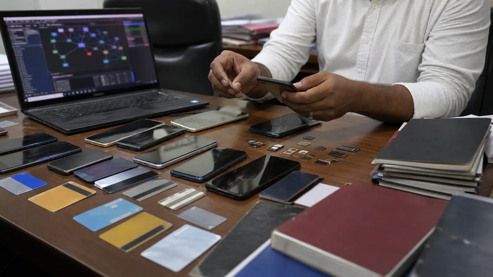 Generic cybercrime investigation desk with phones, bank cards and a laptop, no visible personal data