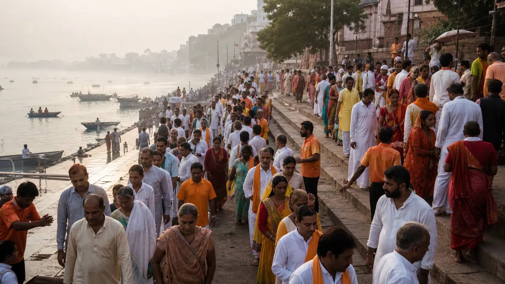 Early morning devotees moving in orderly queues along a Varanasi ghat during Guru Purnima