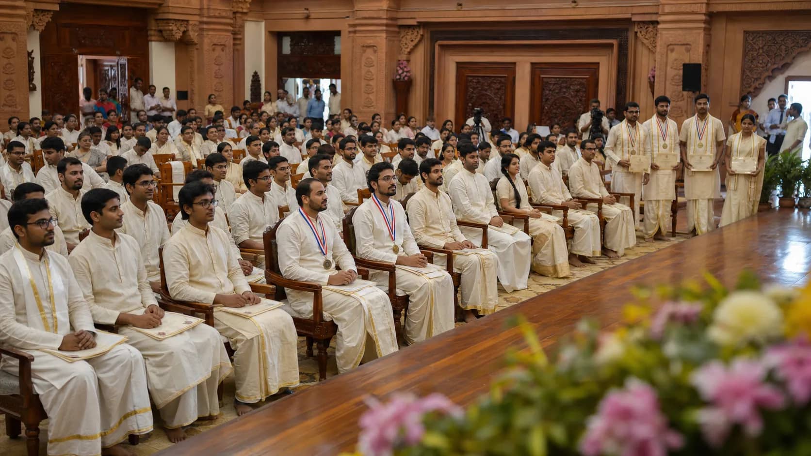 Graduating students seated inside a traditional university convocation hall in Varanasi