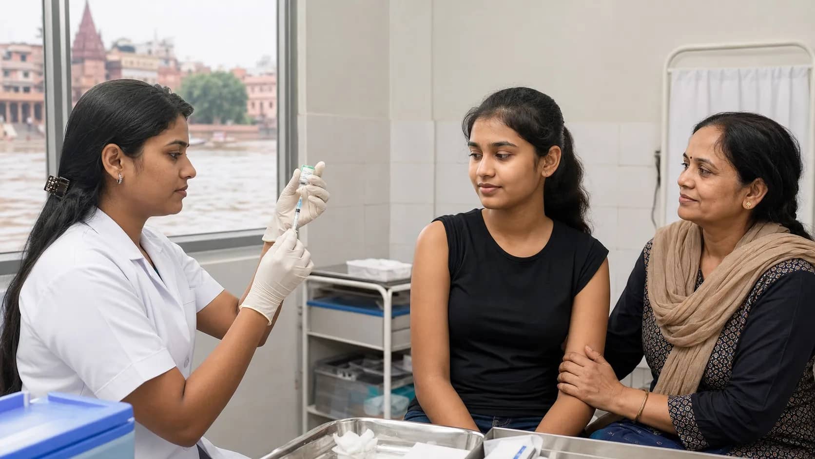 Healthcare worker preparing a routine adolescent vaccination in a clean Varanasi clinic