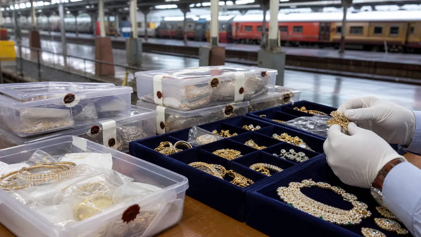 Railway security inspection of sealed jewellery cases at a station desk with no people identified