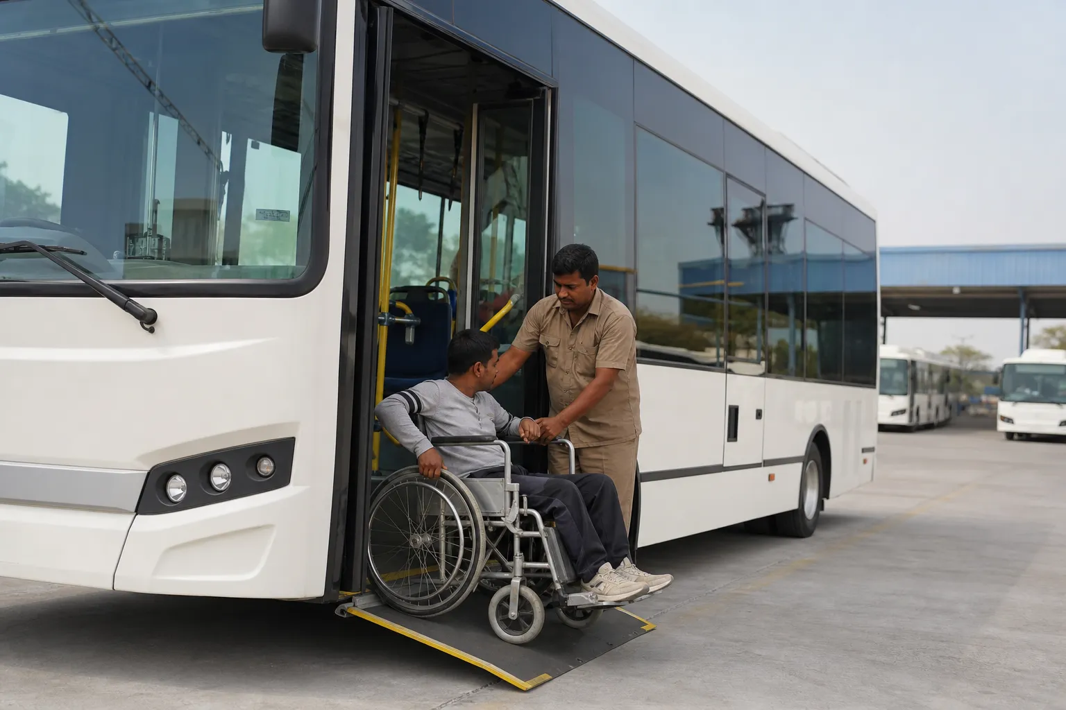 Accessible Haryana Roadways style bus boarding area in Gurugram
