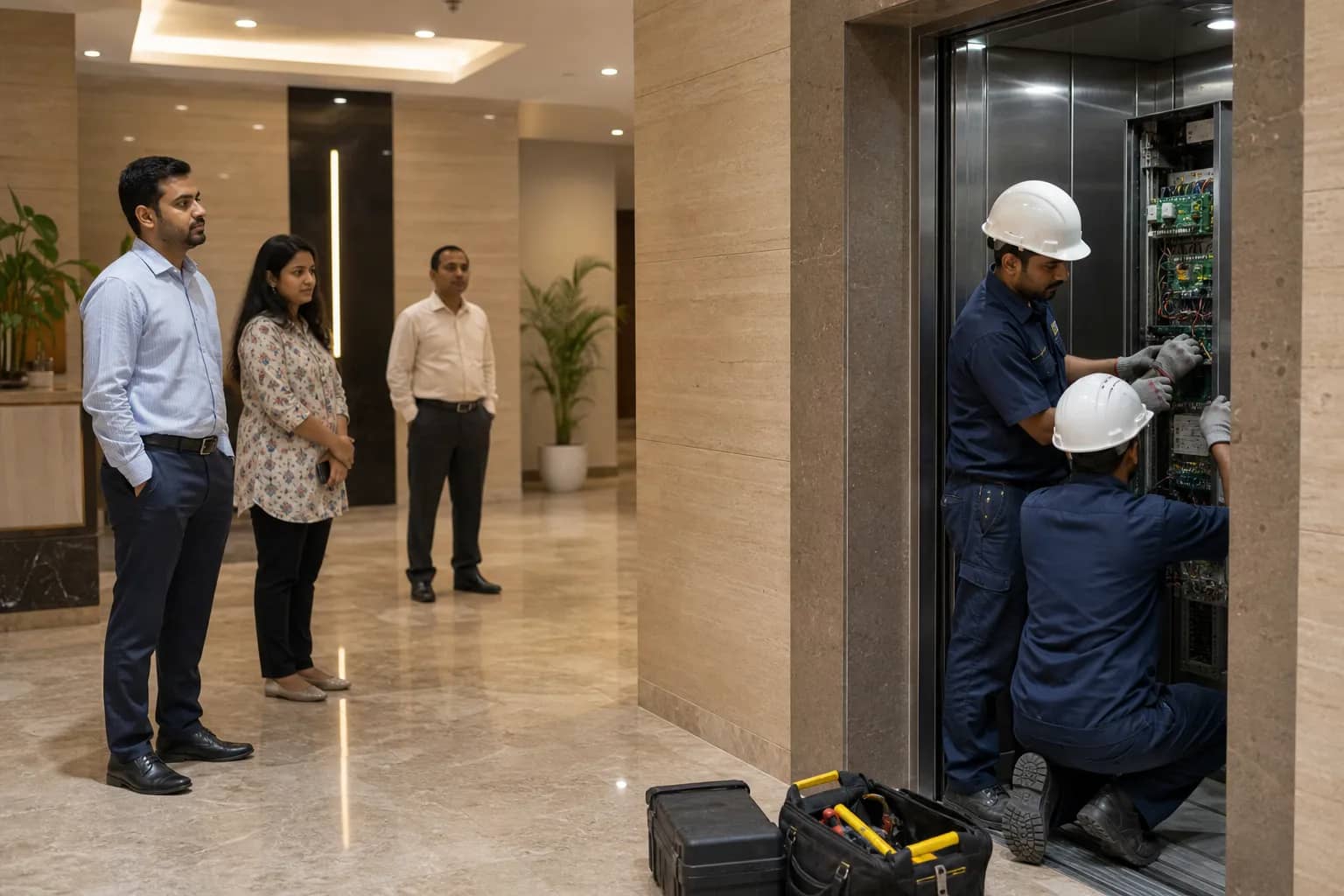 Residential tower lift undergoing a safety inspection in Gurugram