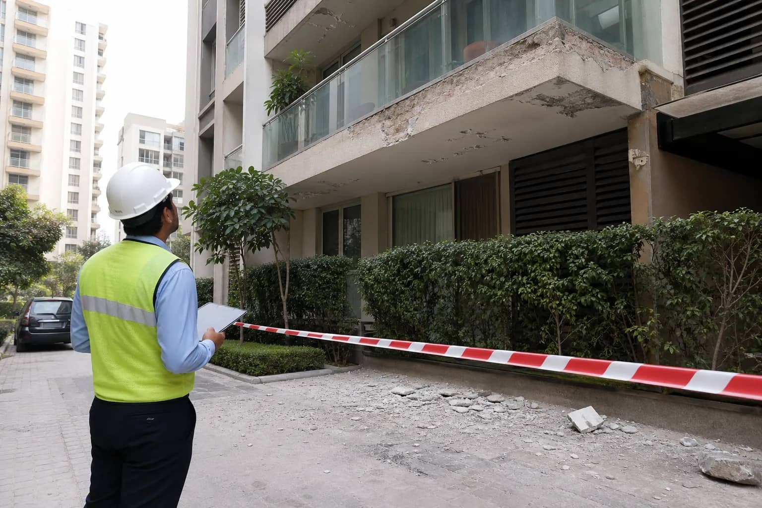 Apartment balcony cordoned for inspection at a Sector 102 society