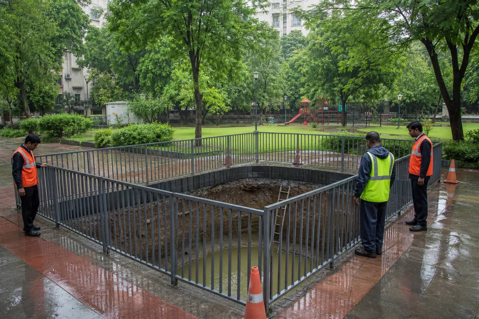 Rainwater harvesting work safely barricaded inside a Gurugram park