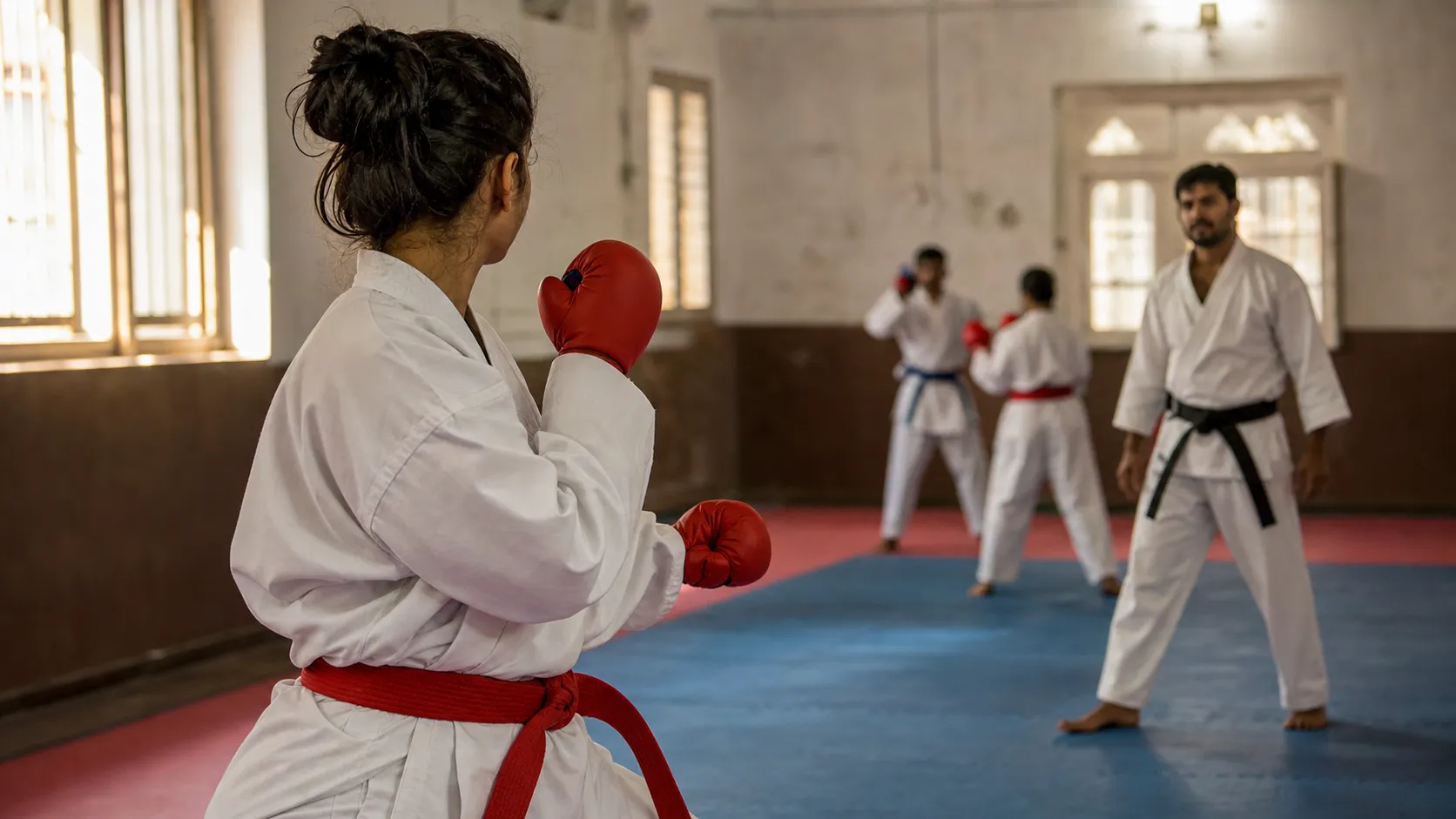 A female karate athlete training in a Varanasi indoor sports hall with her face turned away