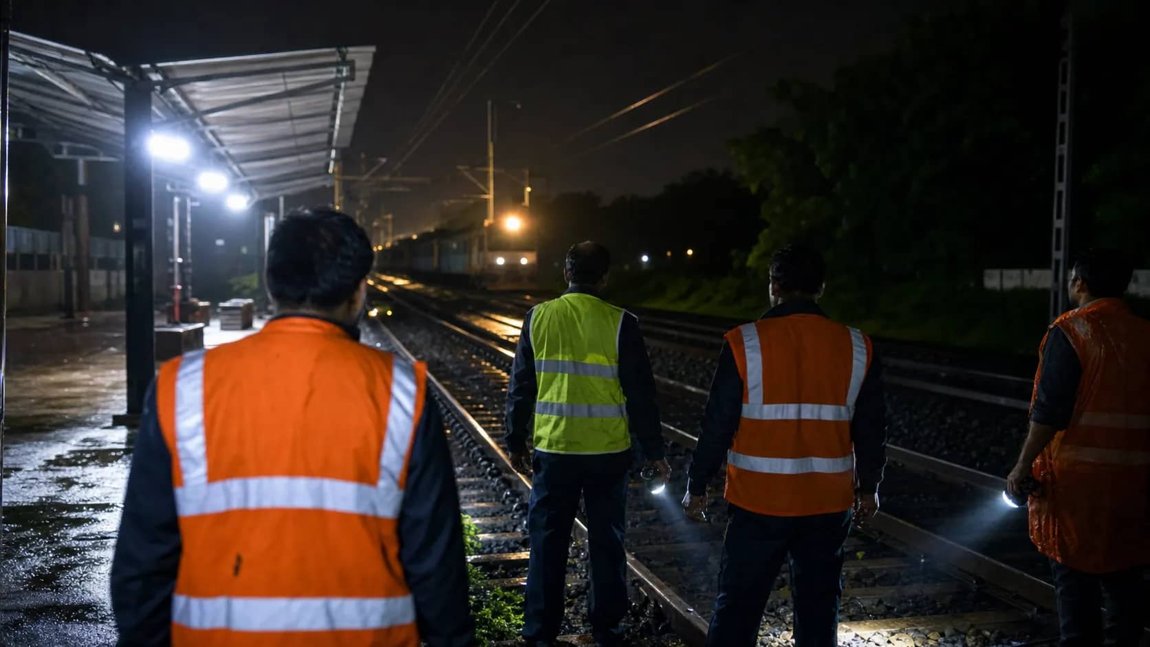 Railway staff with safety torches beside tracks near Babatpur station at night with no faces visible