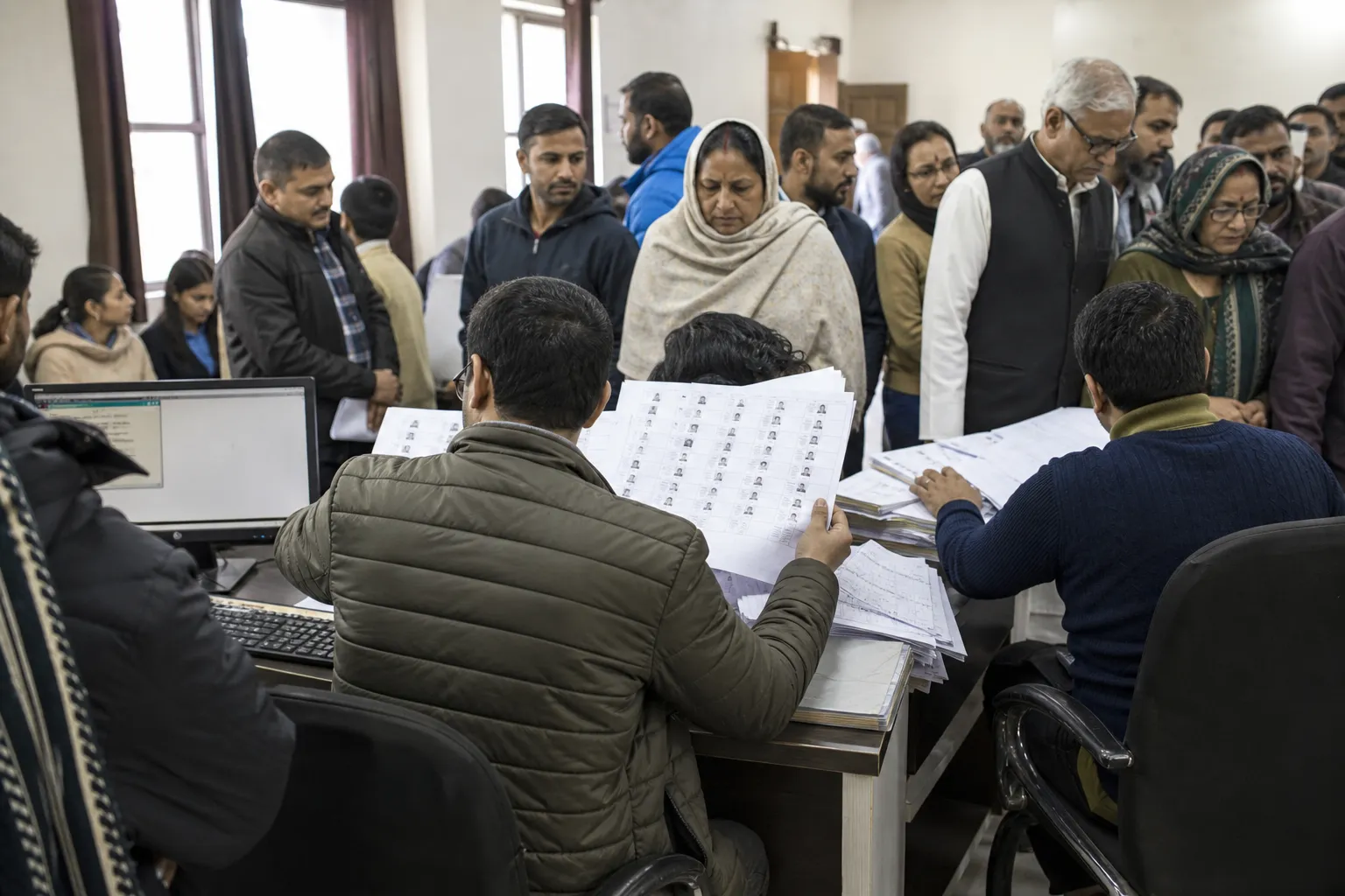 Election officials reviewing voter records at a Gurugram verification desk