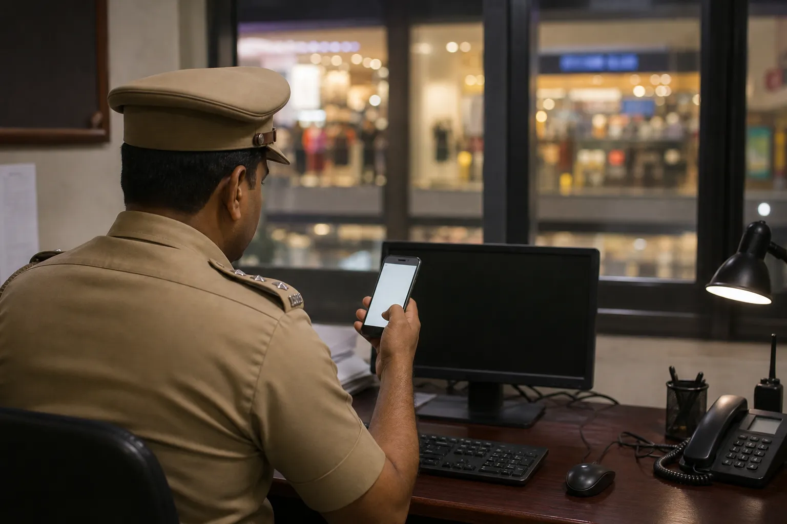 Police officer checking a suspicious phone call in a Gurugram station