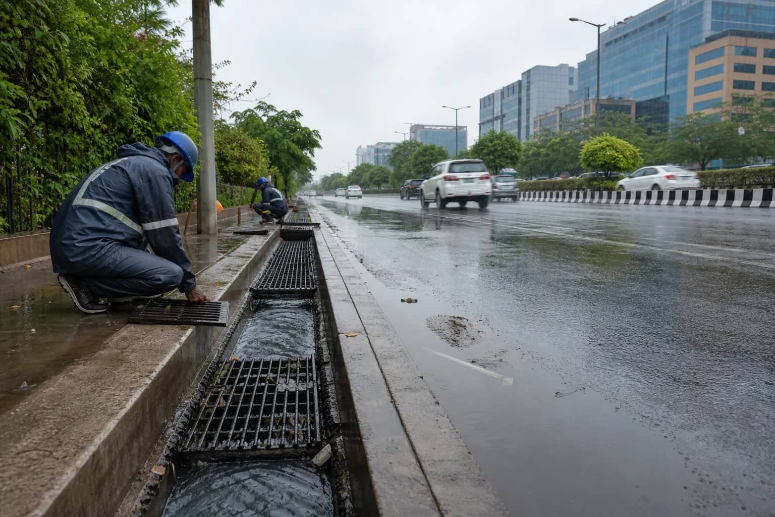 Stormwater drain carrying monsoon runoff beside a Gurugram arterial road