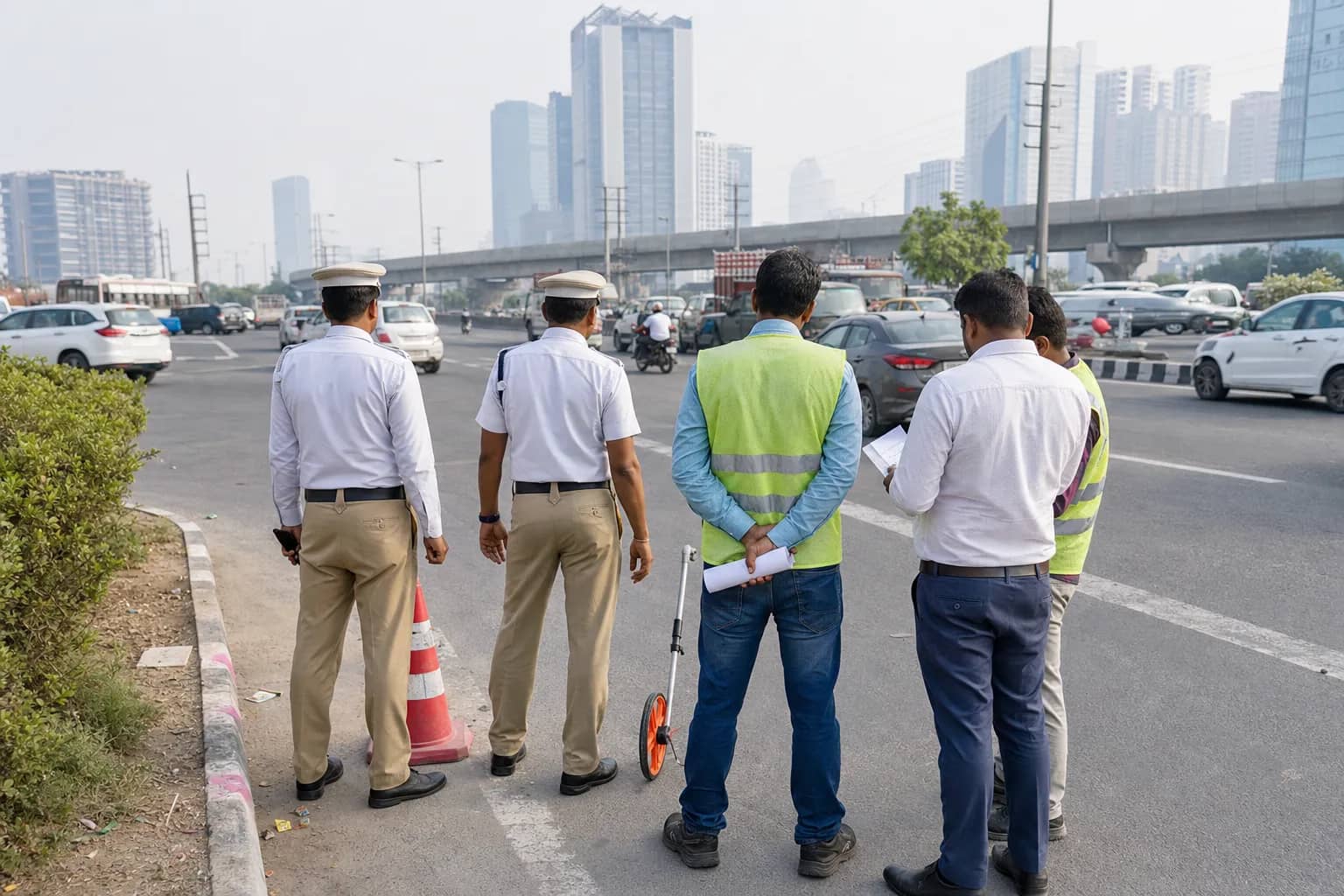 Traffic police inspecting a busy highway junction in Gurugram