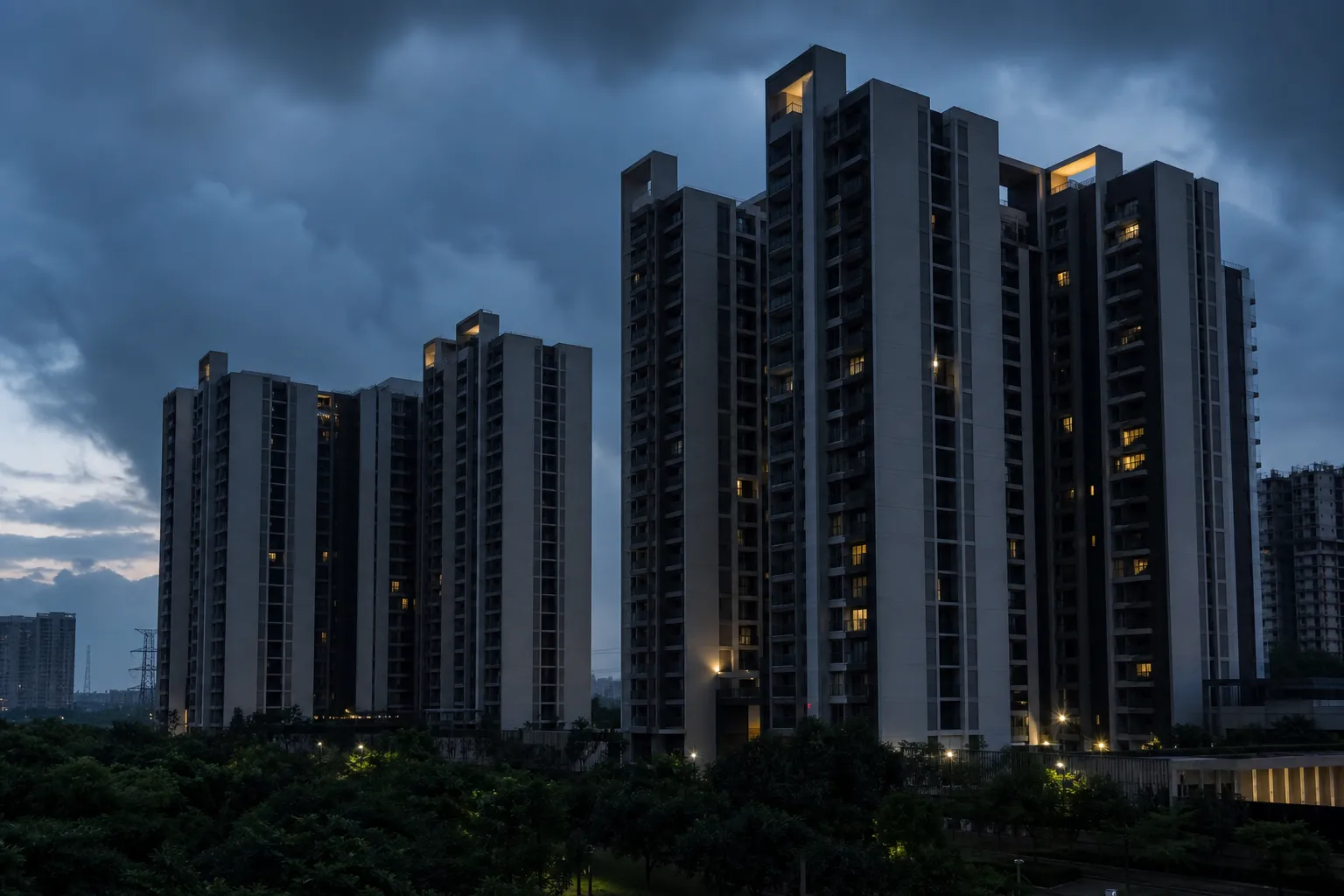 Apartment towers during a neighbourhood power outage in Gurugram Sector 92