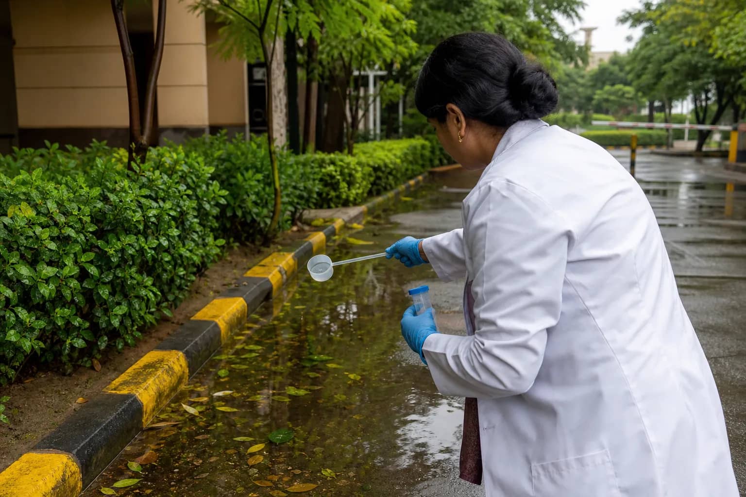 Health worker checking standing water for mosquito larvae in Gurugram