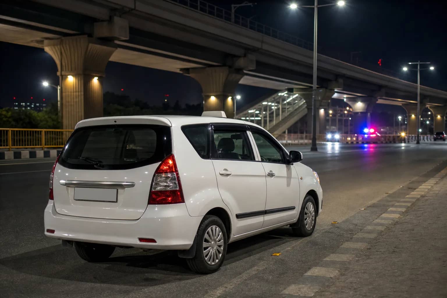 Anonymous white cab under streetlights near Iffco Chowk in Gurugram