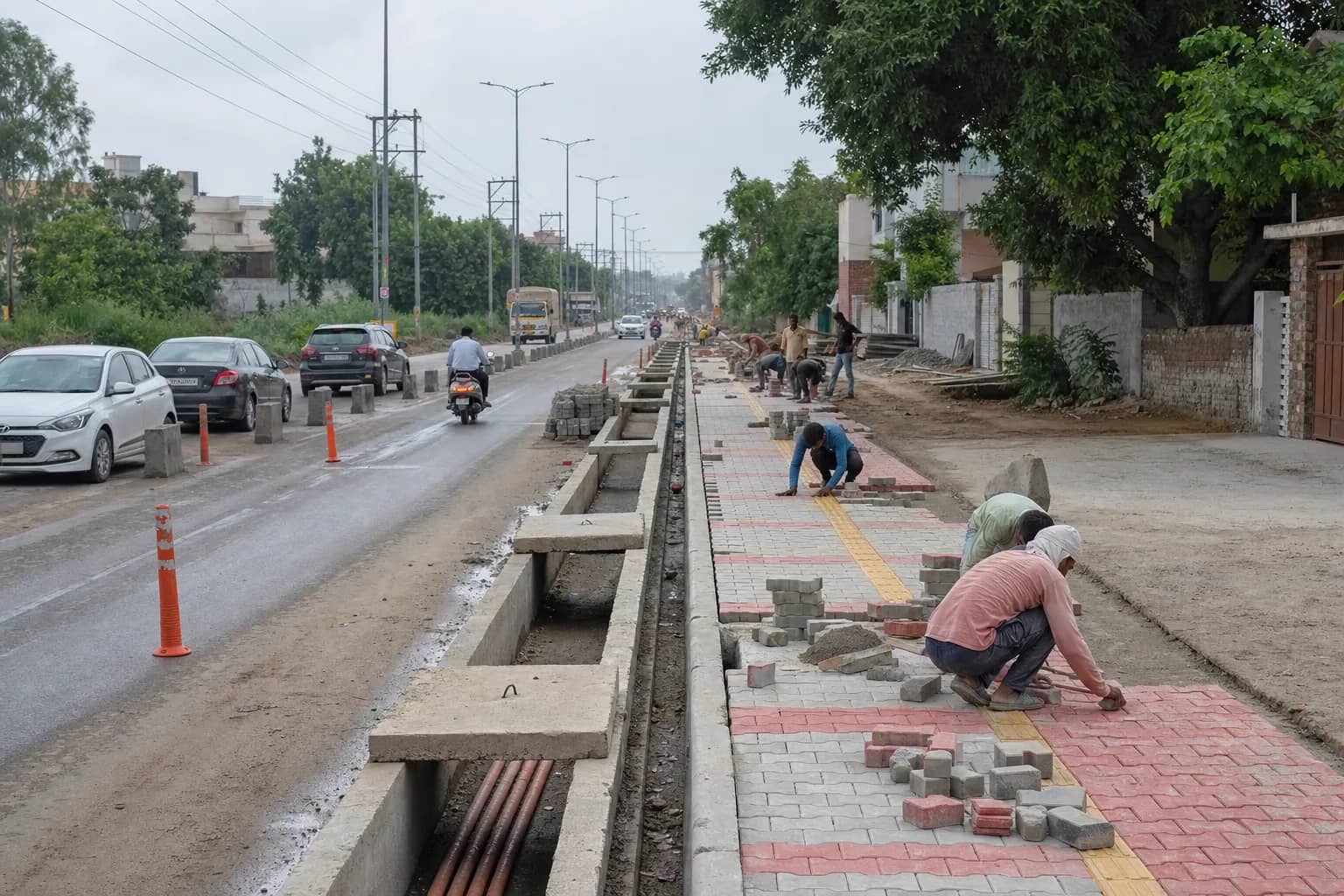 Road and footpath construction underway between Garhi and Harsaru