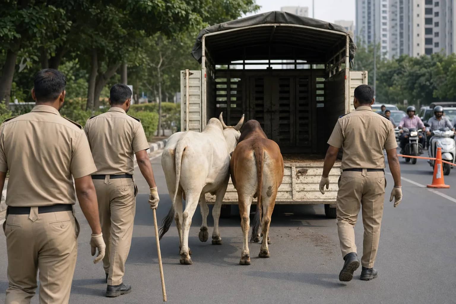 Civic animal-control team guiding cattle into a safe transport vehicle in Gurugram
