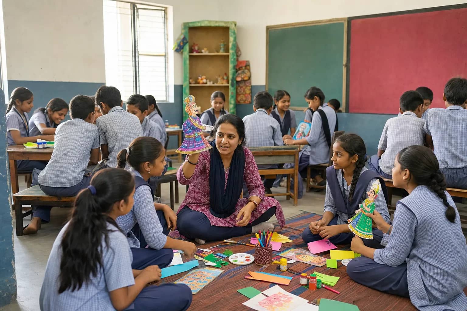 Teacher leading an arts-based activity in a Gurugram government school classroom