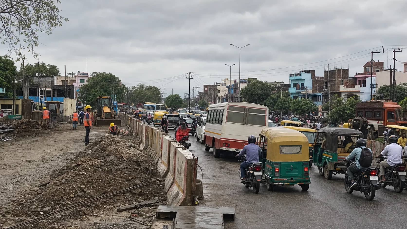 A busy Varanasi road junction with buses, two-wheelers and roadwork barriers during daylight