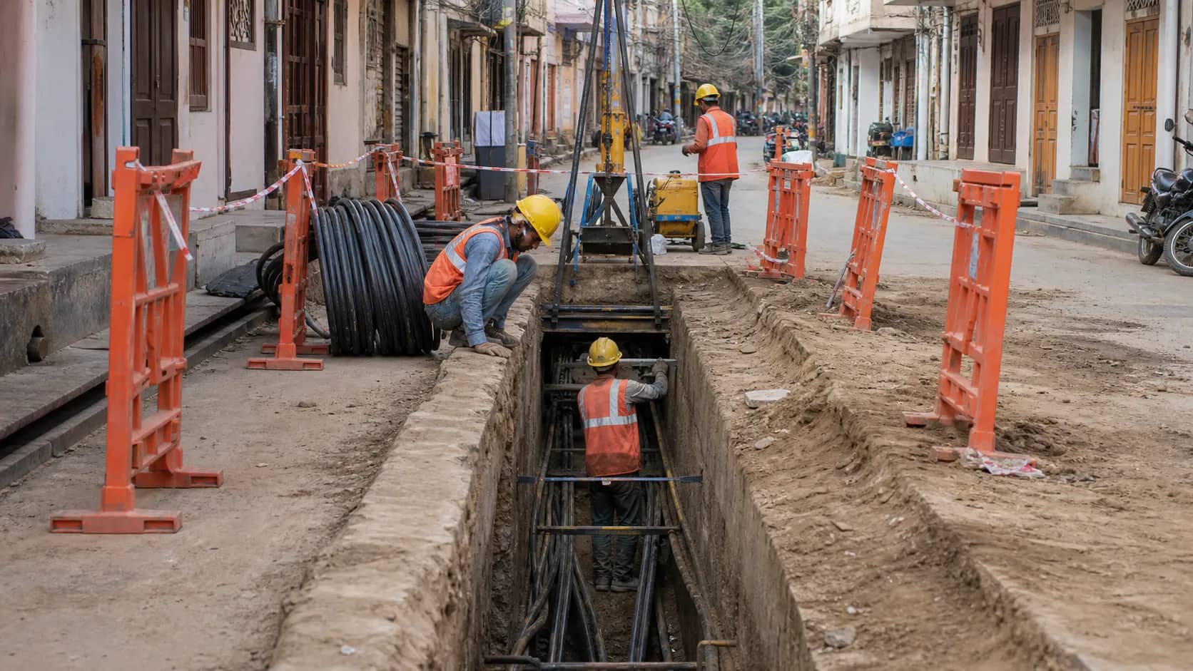 Electrical utility workers inspecting an underground cable trench on a Varanasi street