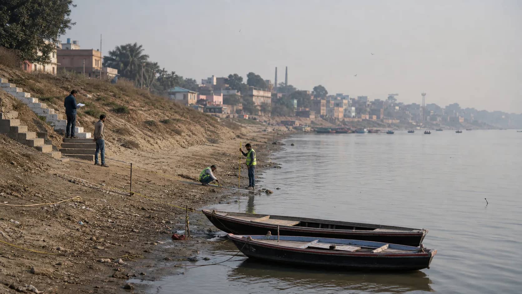 An undeveloped earthen riverbank ghat in Varanasi with stone steps and small boats at sunrise