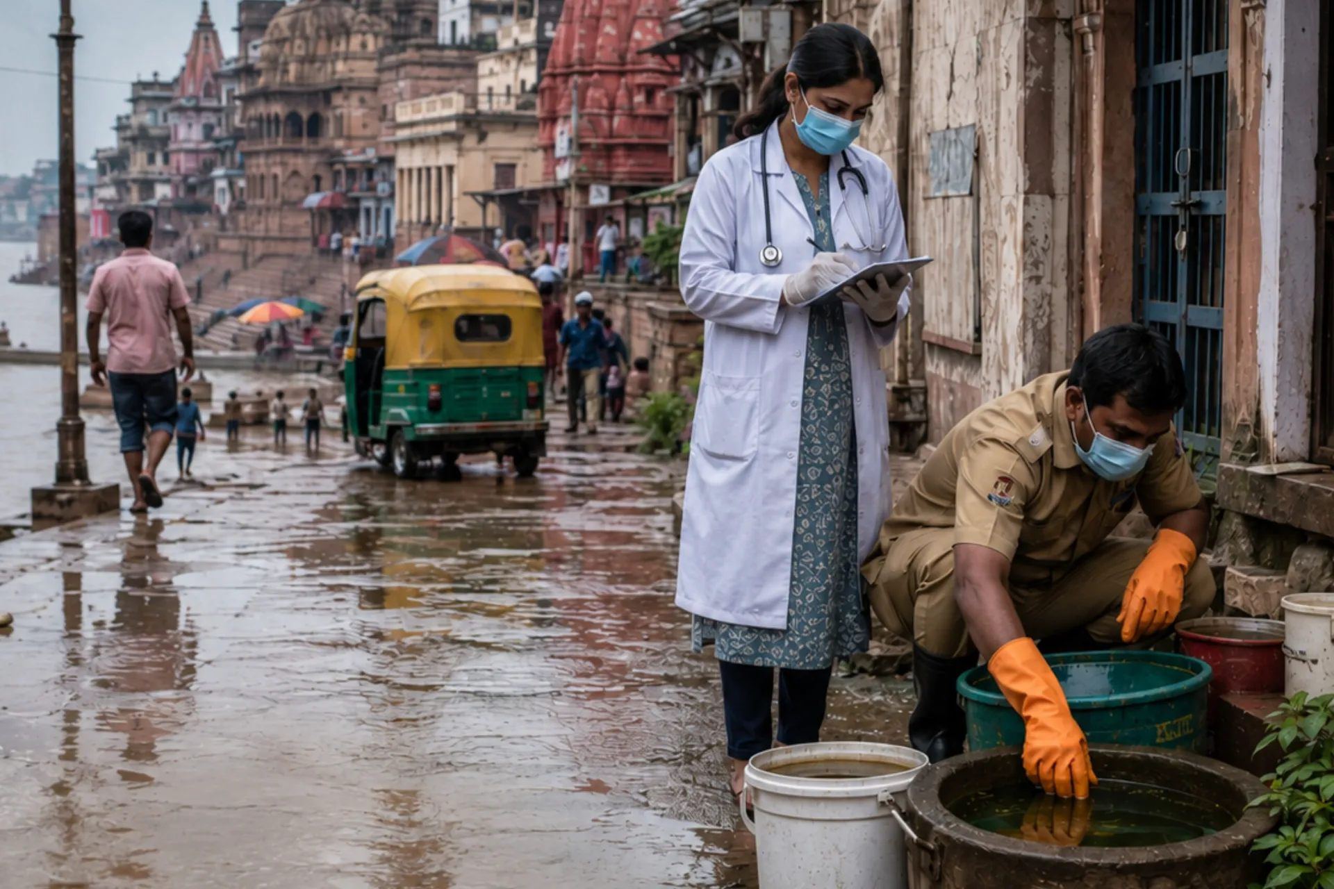 Female doctor and health worker inspect stagnant water containers for mosquito larvae on a waterlogged street near the ghats in Varanasi during monsoon