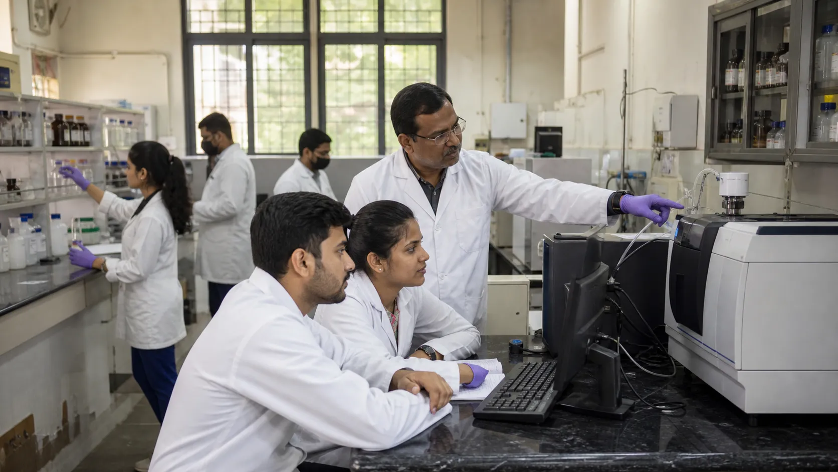 Students and a professor working in a modern university science laboratory