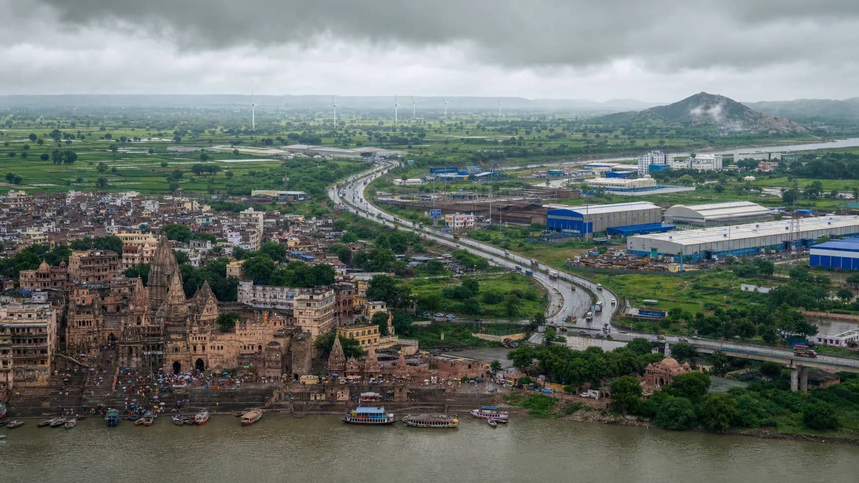 Aerial view of Varanasi combining riverfront, farms, roads and logistics infrastructure
