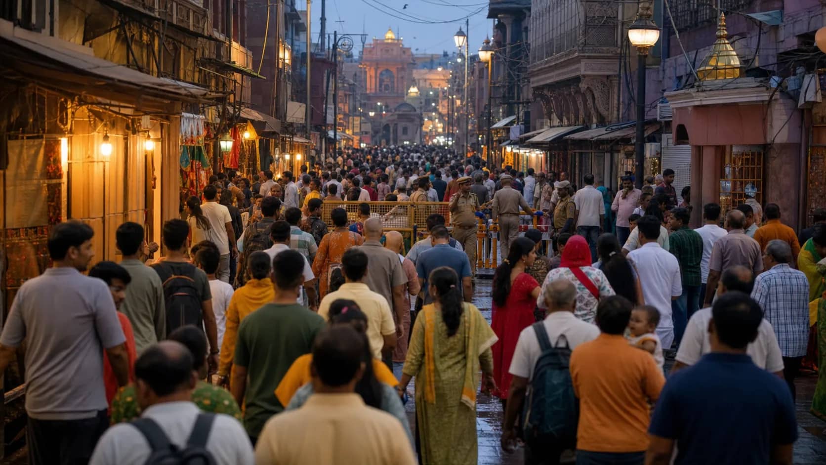 Dense evening crowd of pilgrims moving through a narrow Varanasi market lane