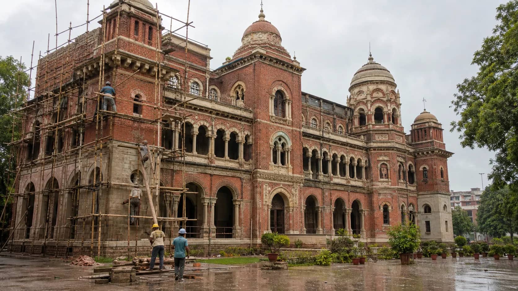 Historic red-brick colonial-era courthouse in Varanasi undergoing careful restoration