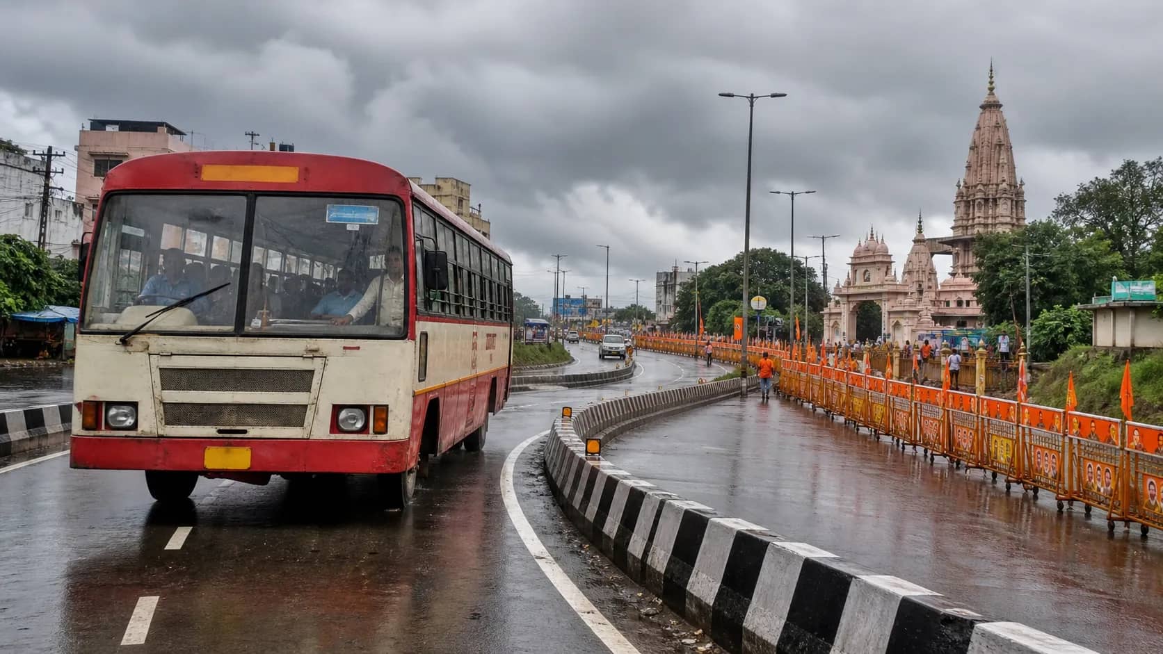 Uttar Pradesh state roadways bus travelling on a wet diverted highway