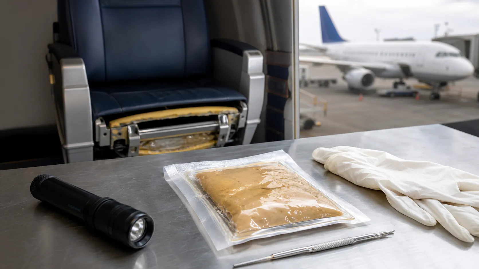 Airport security inspection with sealed evidence pouch and passenger aircraft in background