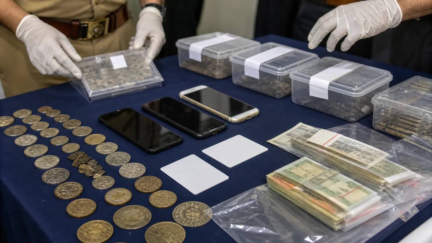Police evidence table with imitation old coins, mobile phones and sealed wildlife evidence boxes