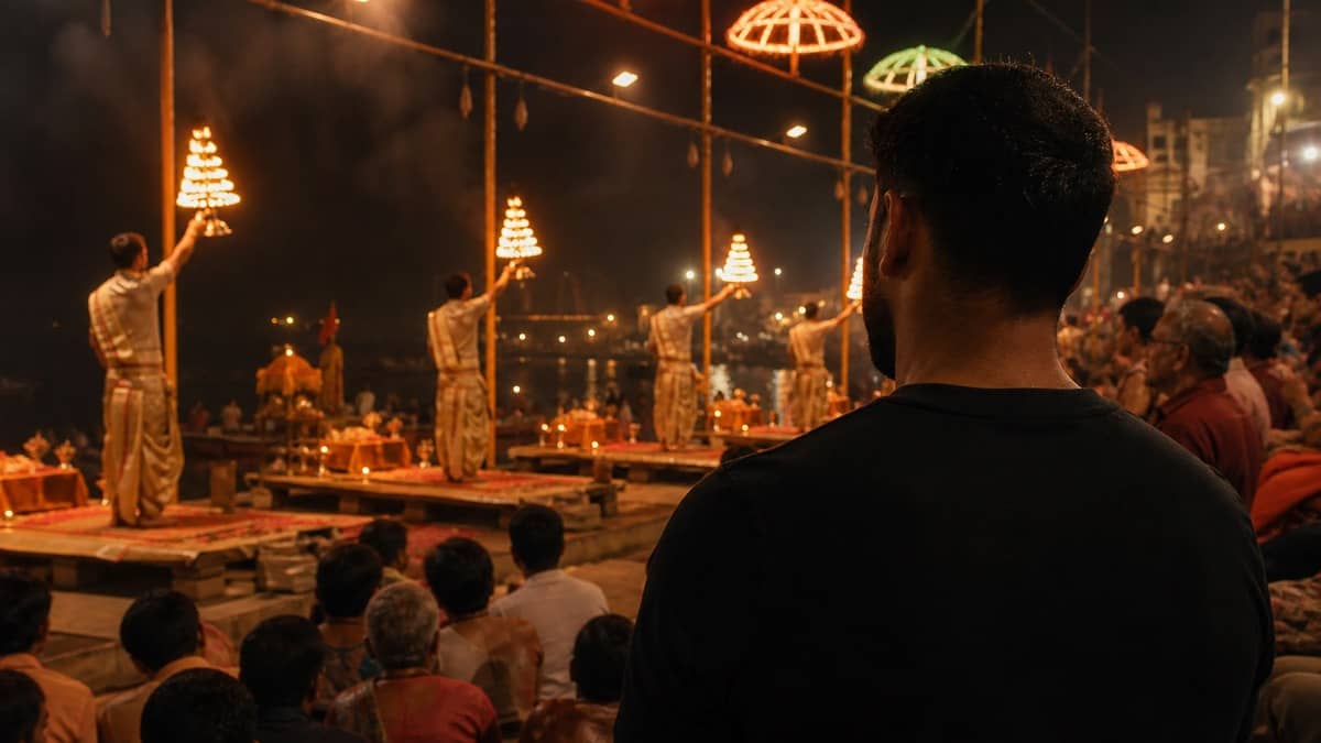 Cricketer Nitish Rana Attends Ganga Aarti at Dashashwamedh Ghat
