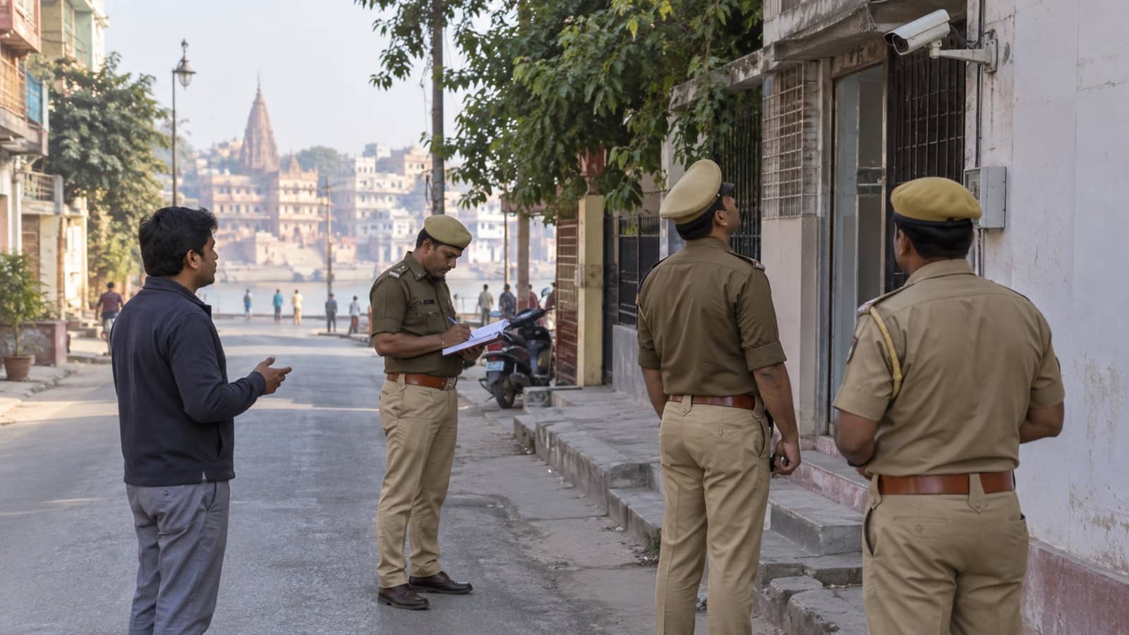 Police officers inspecting a road near Nagwa after a reported chain-snatching attempt