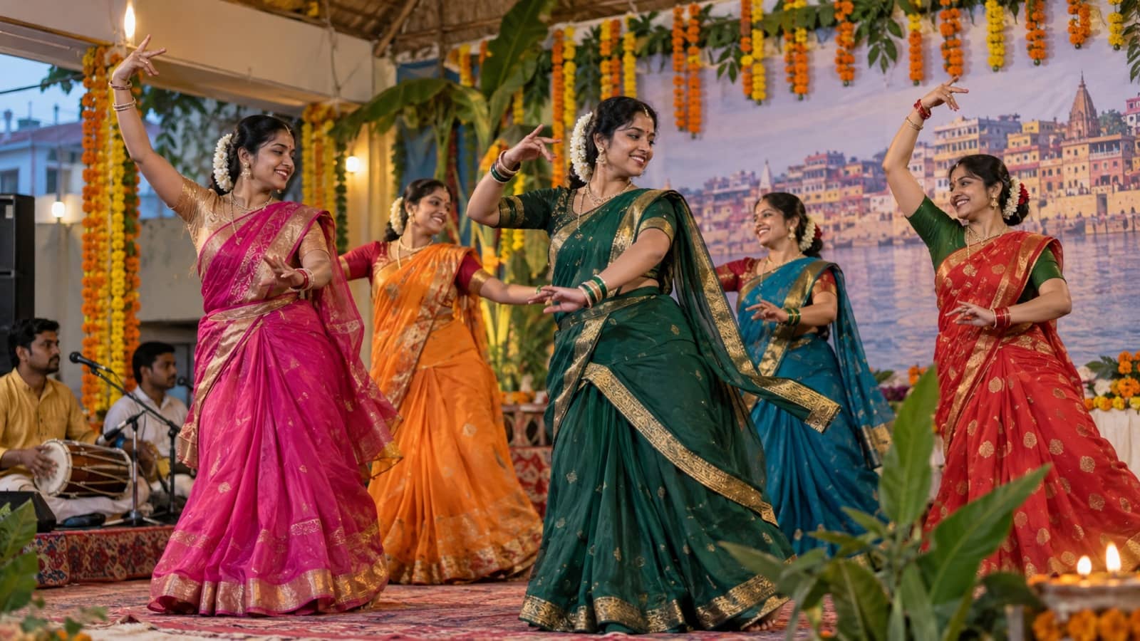 Women performing a Kajri group dance at a cultural event in Mahmoorganj