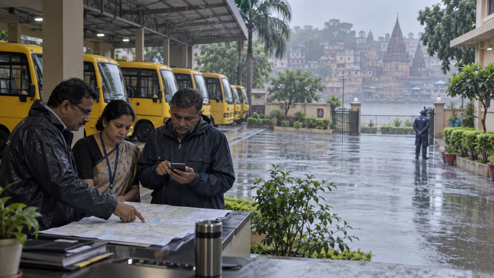 School buses parked during heavy rain at a Varanasi campus