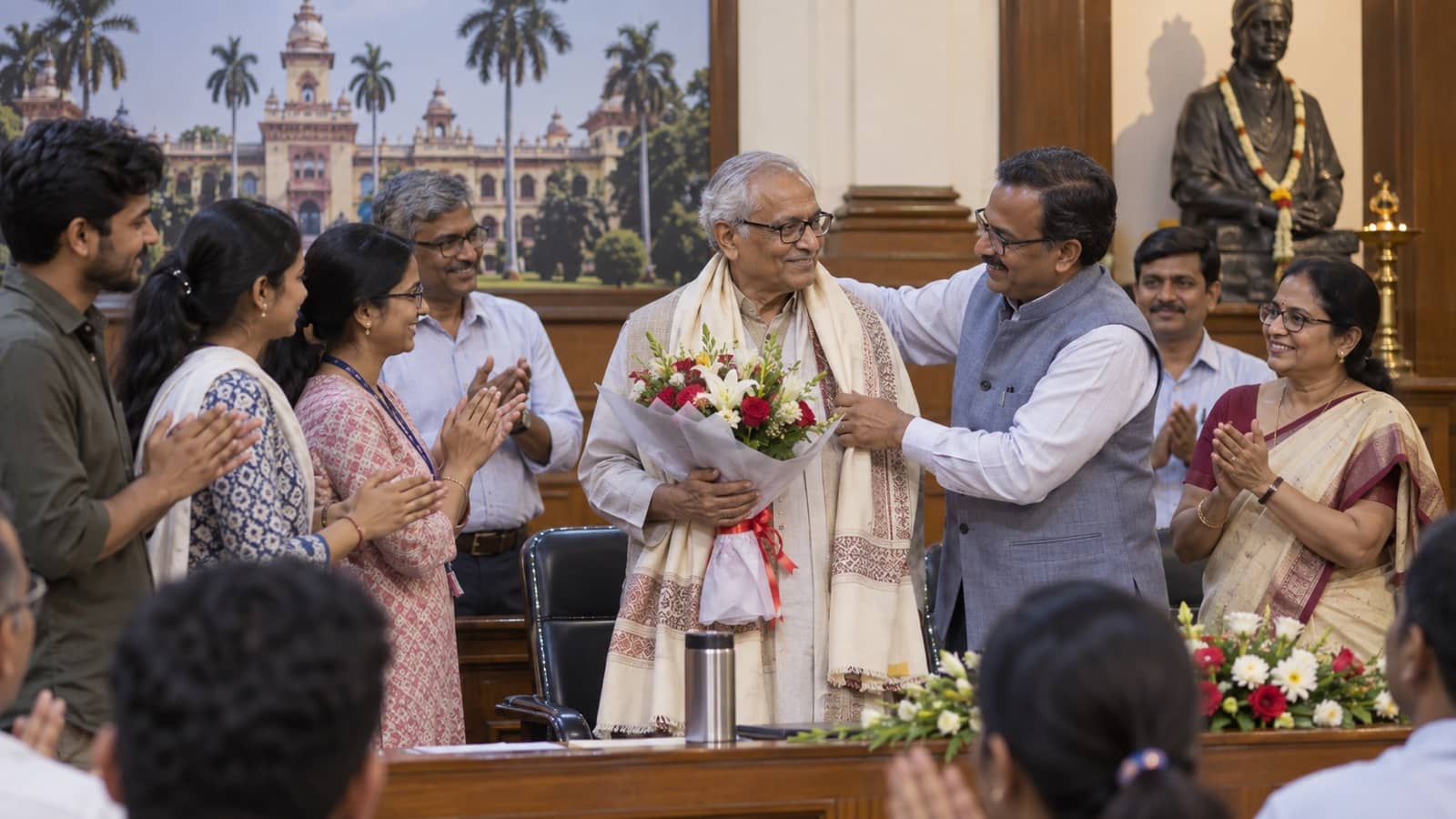 Professor receiving a felicitation from colleagues at BHU